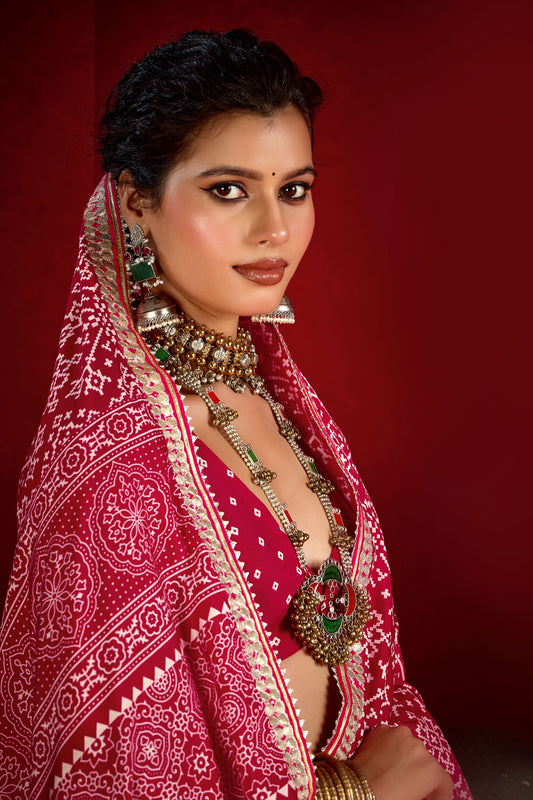 Designer Pink Bandhani Print Saree with Golden Border Festive Wear