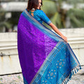 Purple Saree with Blue Contrast Border Traditional Printed Design