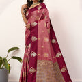 Maroon Rose Pink Banarasi Silk Saree Gold Zari Motifs Grand Woven Pallu 