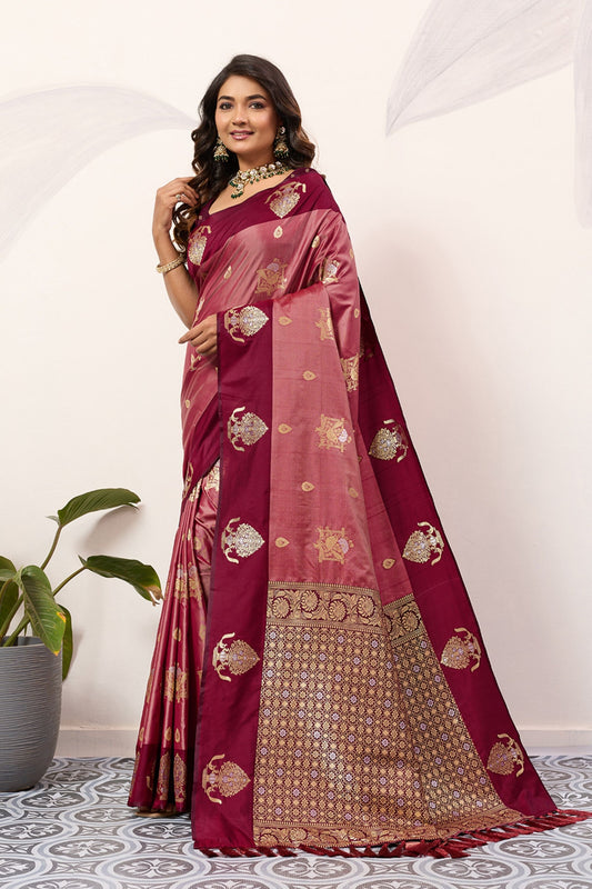Maroon Rose Pink Banarasi Silk Saree Gold Zari Motifs Grand Woven Pallu 