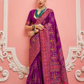 Luxury Purple Patola Silk Saree With Traditional Bandhej And Contrast Border 