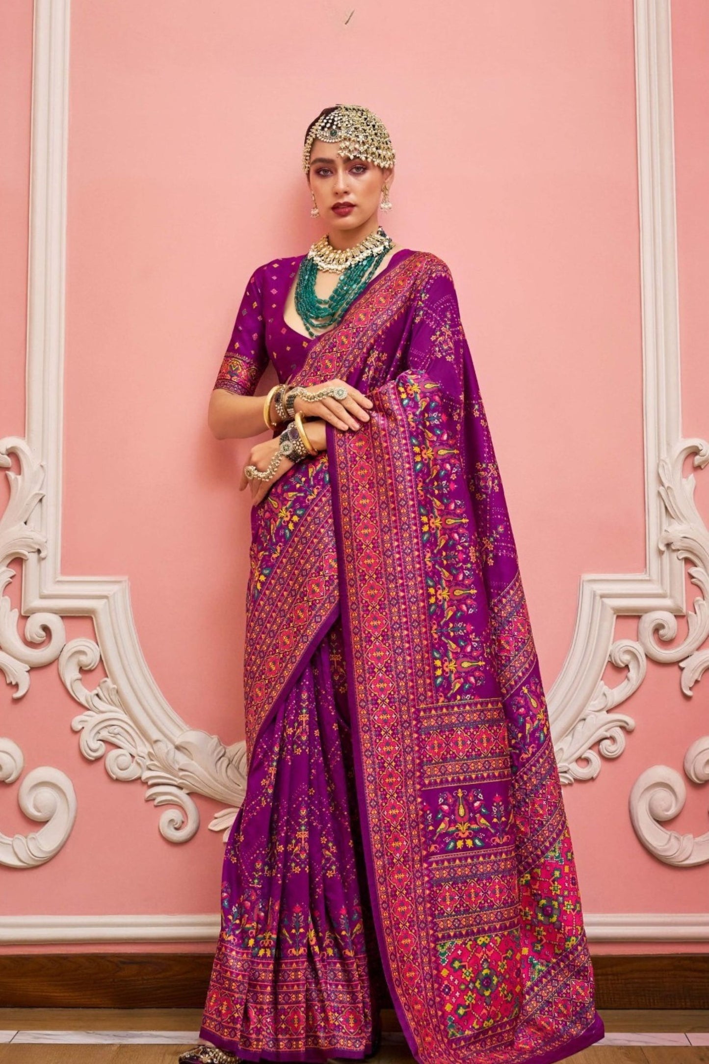 Luxury Purple Patola Silk Saree With Traditional Bandhej And Contrast Border 