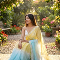 Yellow Sky Blue Designer Saree with Embroidered Border