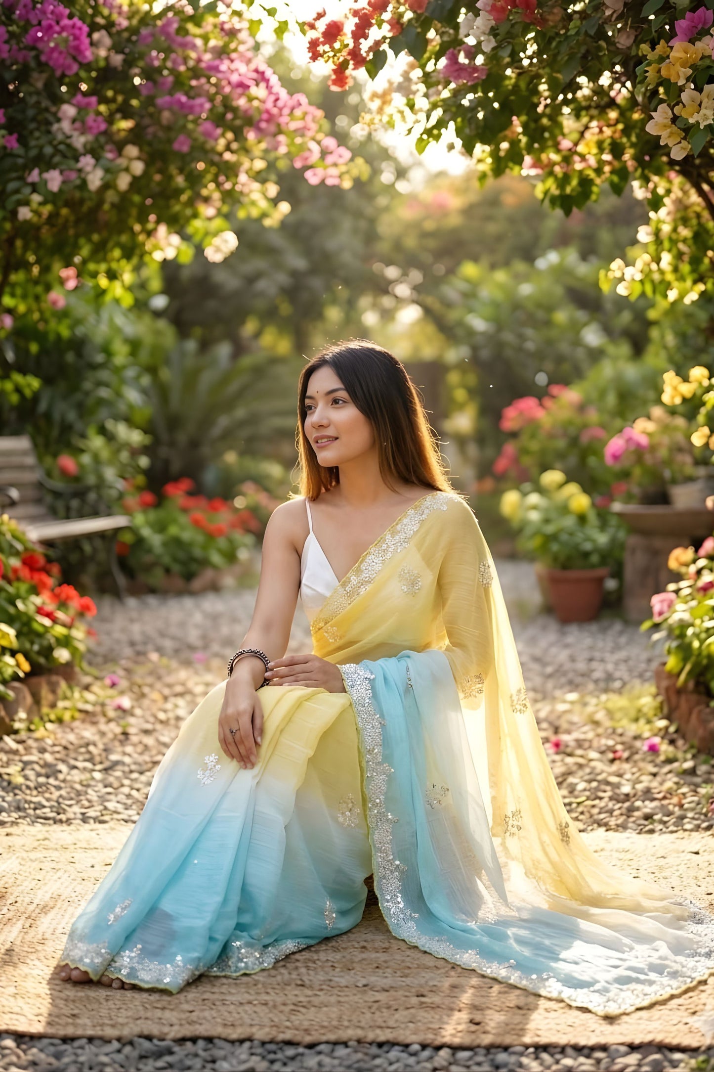 Yellow Sky Blue Designer Saree with Embroidered Border