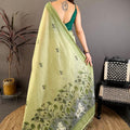 Elegant Pistachio Green Linen Cotton Saree Floral Print Pallu