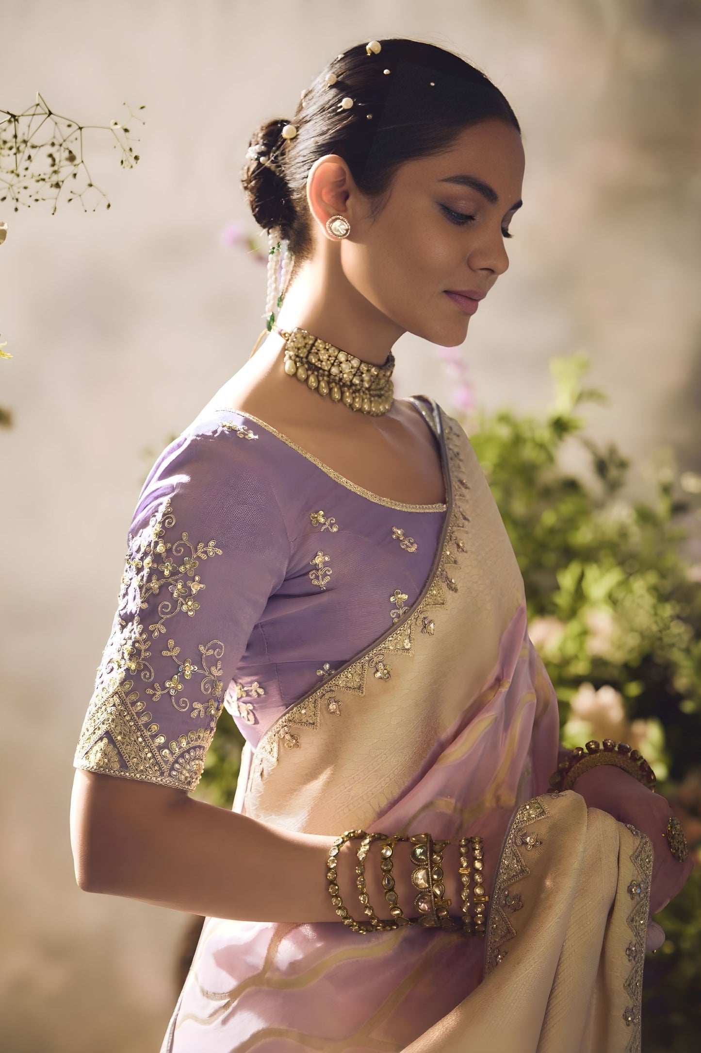 Lavender Soft Silk Saree with Gold Zari Weaving Designer Blouse