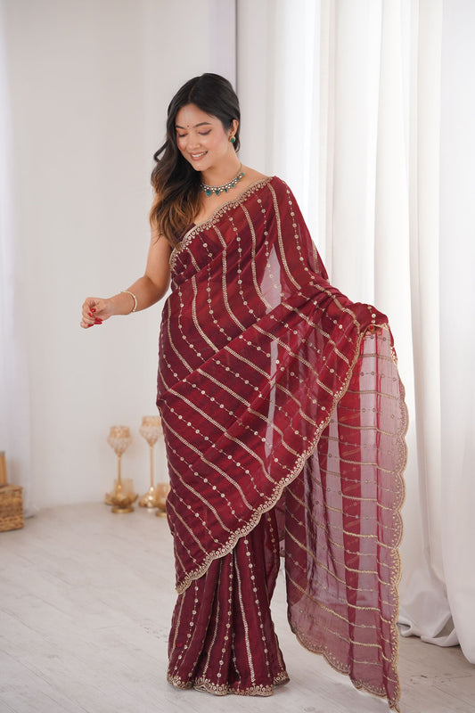 Maroon Organza Silk Saree Golden Zari Embroidery Designer Blouse