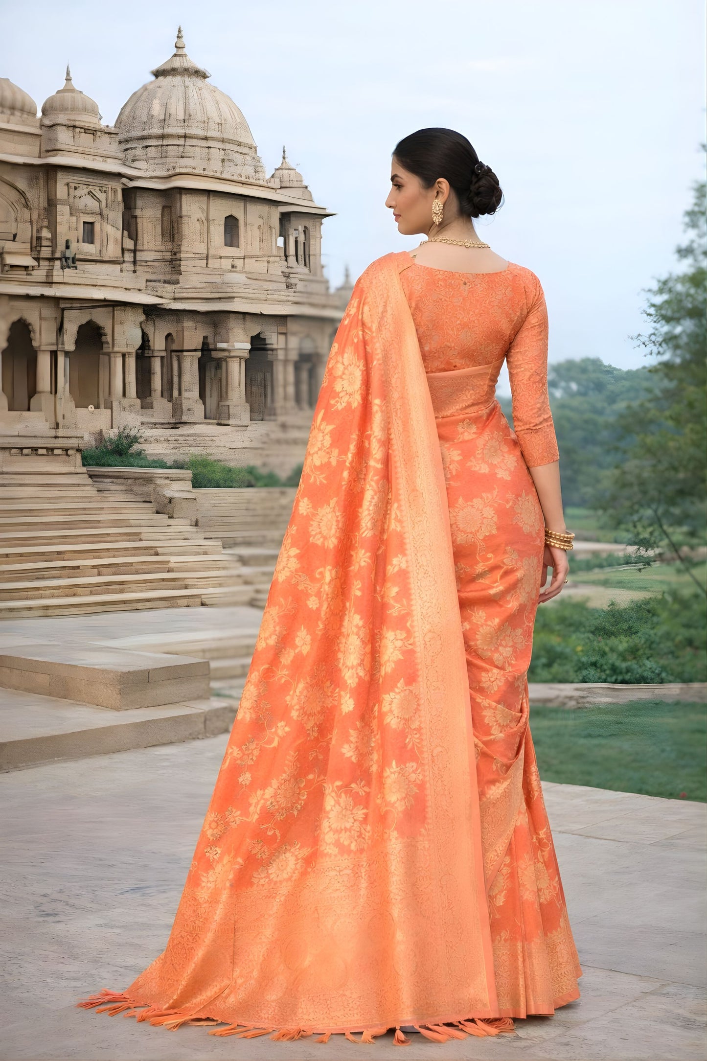 Peach Orange Banarasi Silk Saree Gold Floral Zari Weaving Traditional Wear
