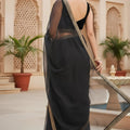Black Organza Saree Designer Embroidered Border Sleeveless Blouse