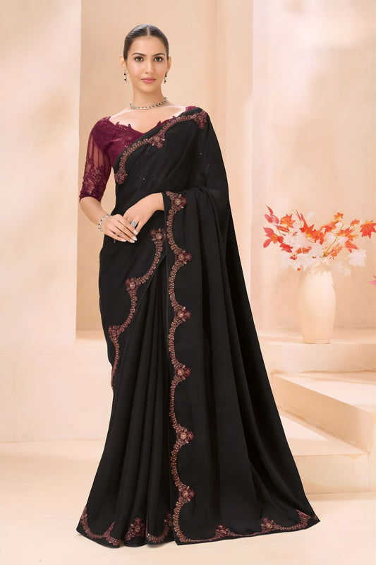 Black Silk Saree with Wine Designer Embroidered Border 