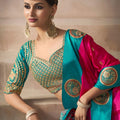 Rani Pink Silk Saree with Teal Green Zari Border Traditional