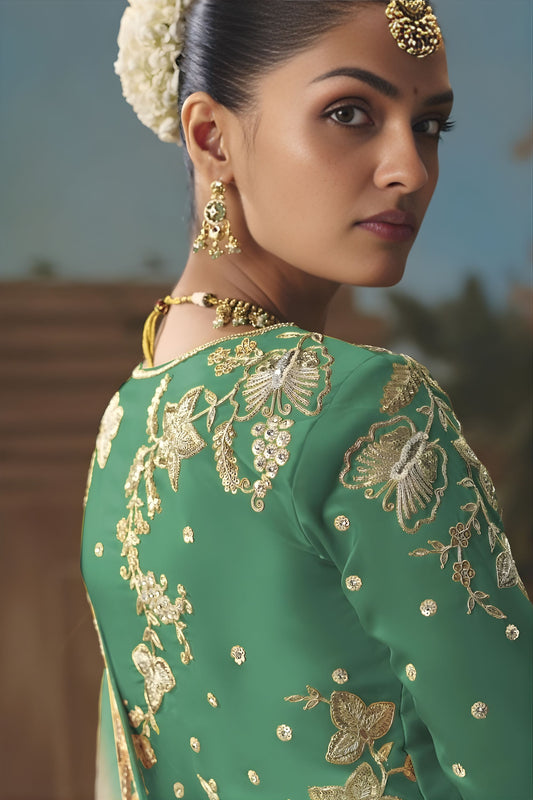 Mint Green White Embroidered Designer Saree with Golden Zari Work