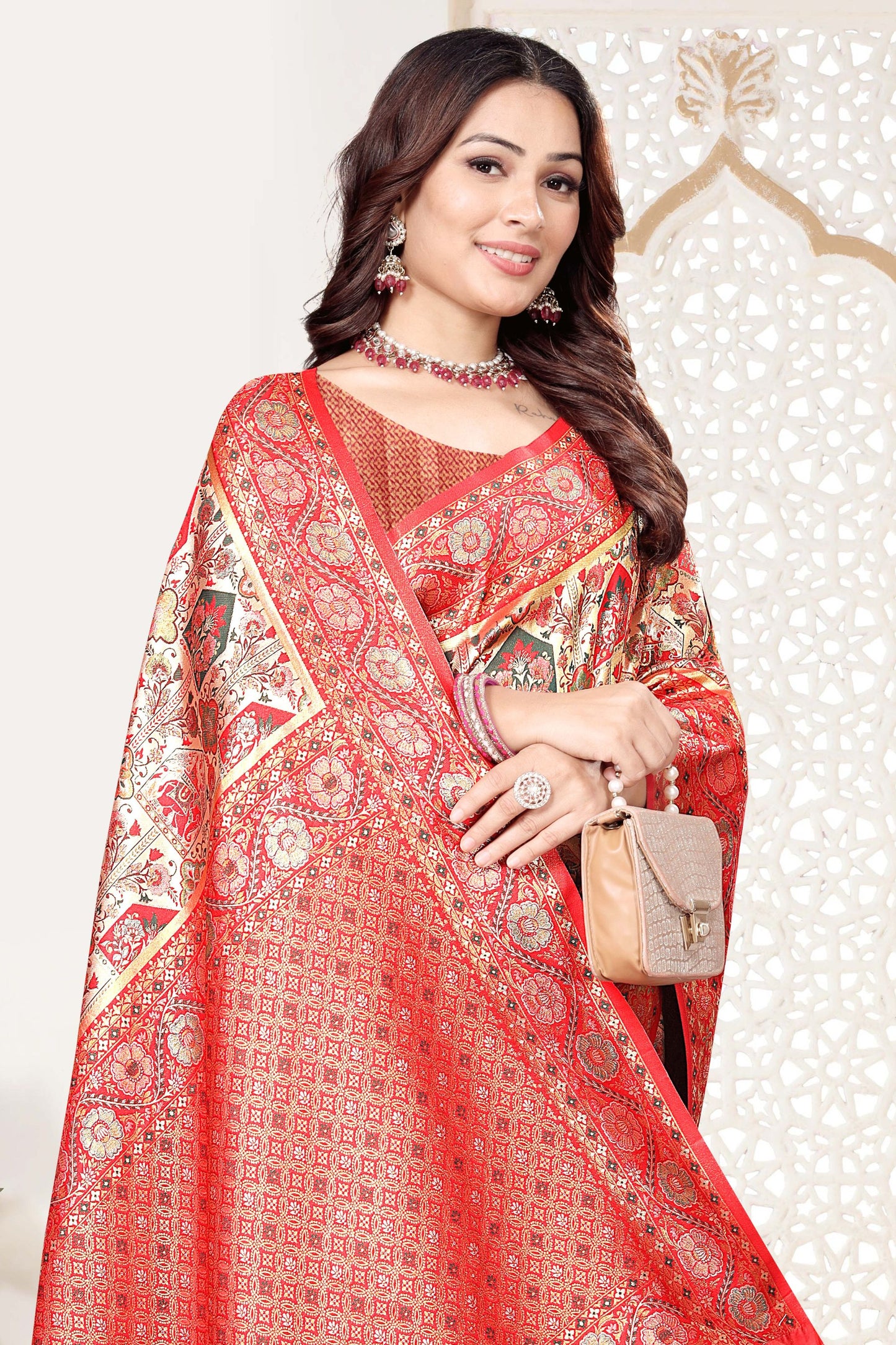 Red and Beige Banarasi Silk Saree with Rich Zari Woven Design