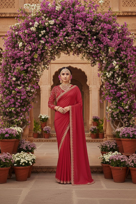 Elegant Red Designer Saree with Golden Embroidery Border