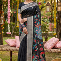 Black Linen Silk Saree Multicolor Peacock Floral Print Zari Border