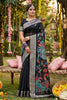 Black Linen Silk Saree Multicolor Peacock Floral Print Zari Border