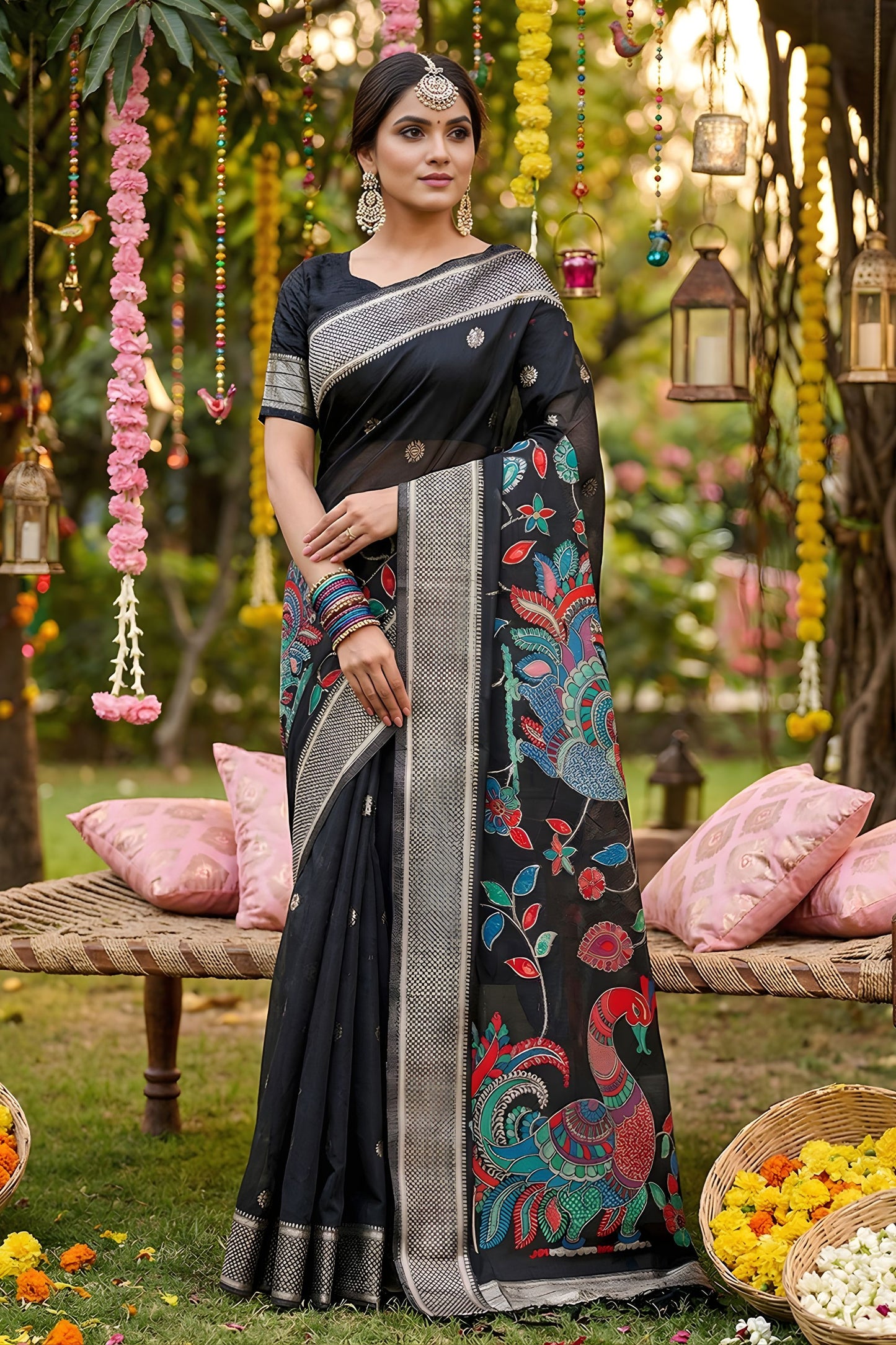 Black Linen Silk Saree Multicolor Peacock Floral Print Zari Border