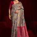 Grey Silk Saree with Multicolor Rich Pink Banarasi Pallu