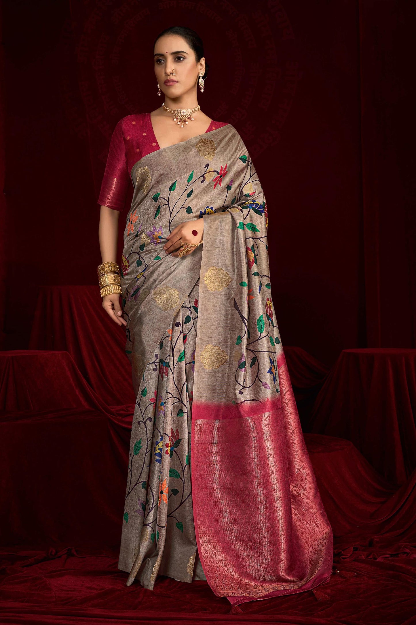 Grey Silk Saree with Multicolor Rich Pink Banarasi Pallu