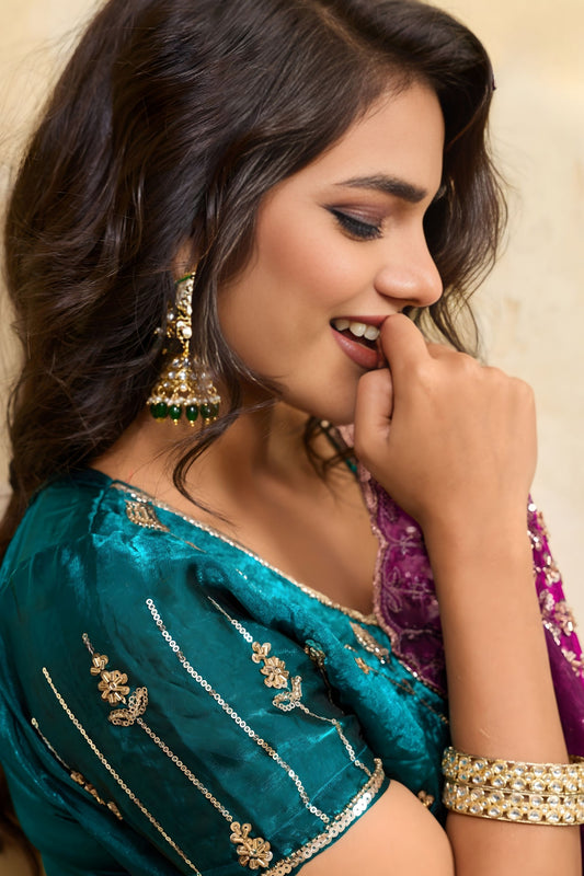 Magenta Silk Saree with Silver Zari Embroidery Green Designer Blouse