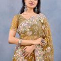 Mustard Yellow Floral Embroidered Net Saree with Designer Border