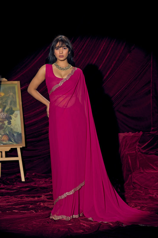 Hot Pink Georgette Saree with Embroidered Border Designer Saree
