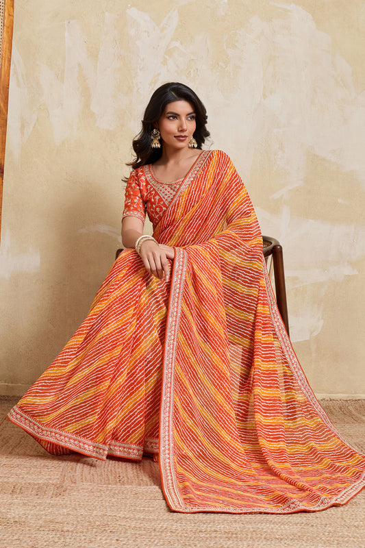 Orange Georgette Saree with Golden Embroidered Border Designer Blouse