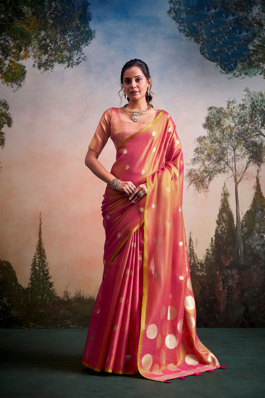 Rani Pink Silk Saree with Golden Zari Polka Dot Weaving Designer Saree