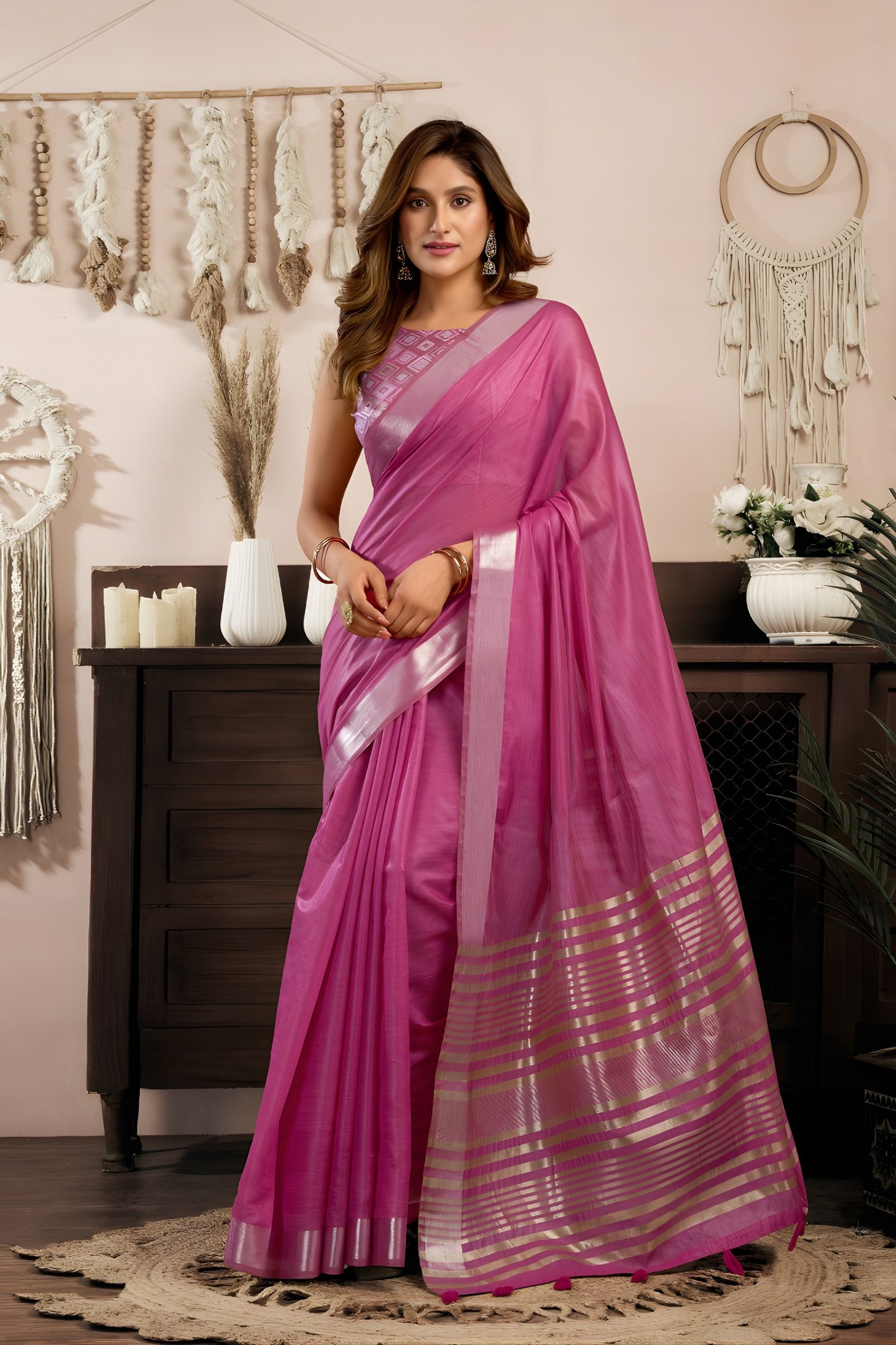 Pink Silk Saree with Golden Zari Border Designer Saree