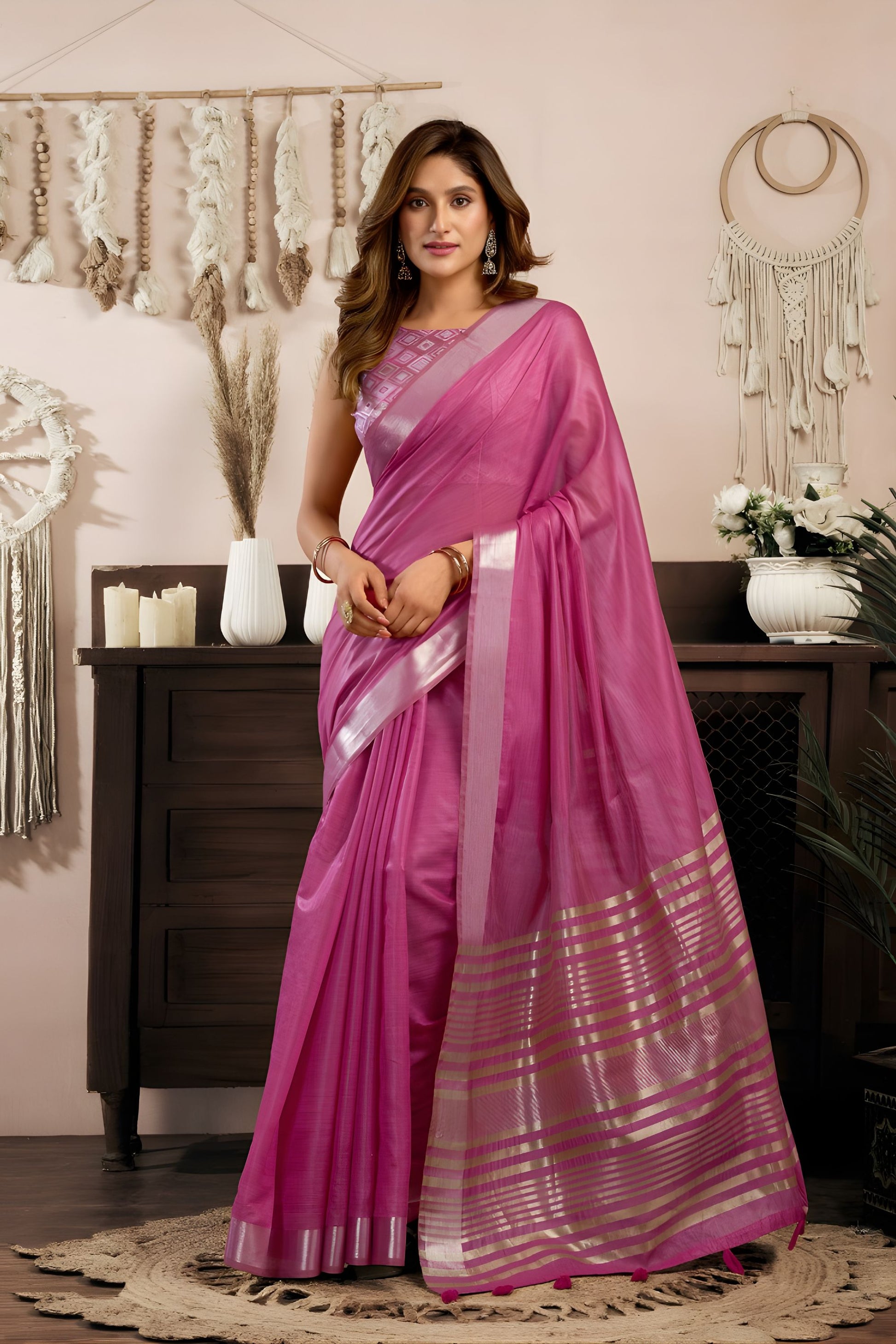 Pink Silk Saree with Golden Zari Border Designer Saree