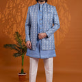 Luxury Sky Blue Indo Western Sherwani for Men With Designer Jacquard Jacket