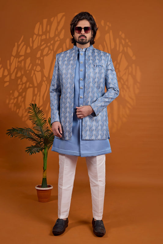 Luxury Sky Blue Indo Western Sherwani for Men With Designer Jacquard Jacket