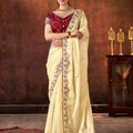 Cream Embroidered Silk Saree with Maroon Blouse Festive Occasions