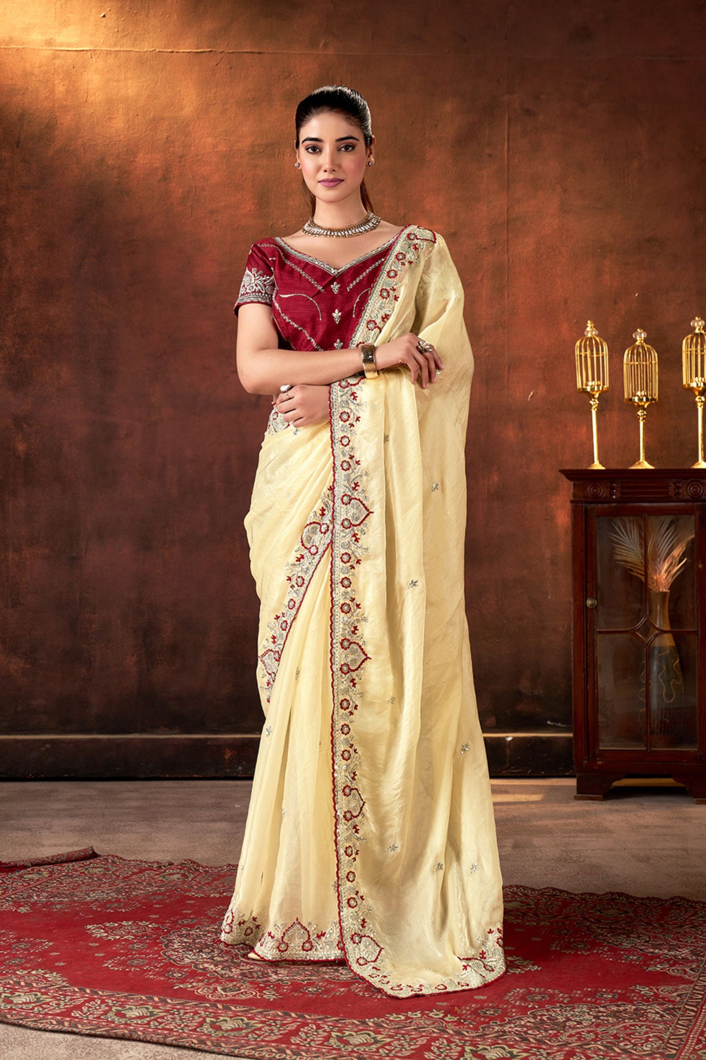 Cream Embroidered Silk Saree with Maroon Blouse Festive Occasions