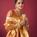 Peach Orange Banarasi Silk Saree Golden Zari Weaving Designer Blouse