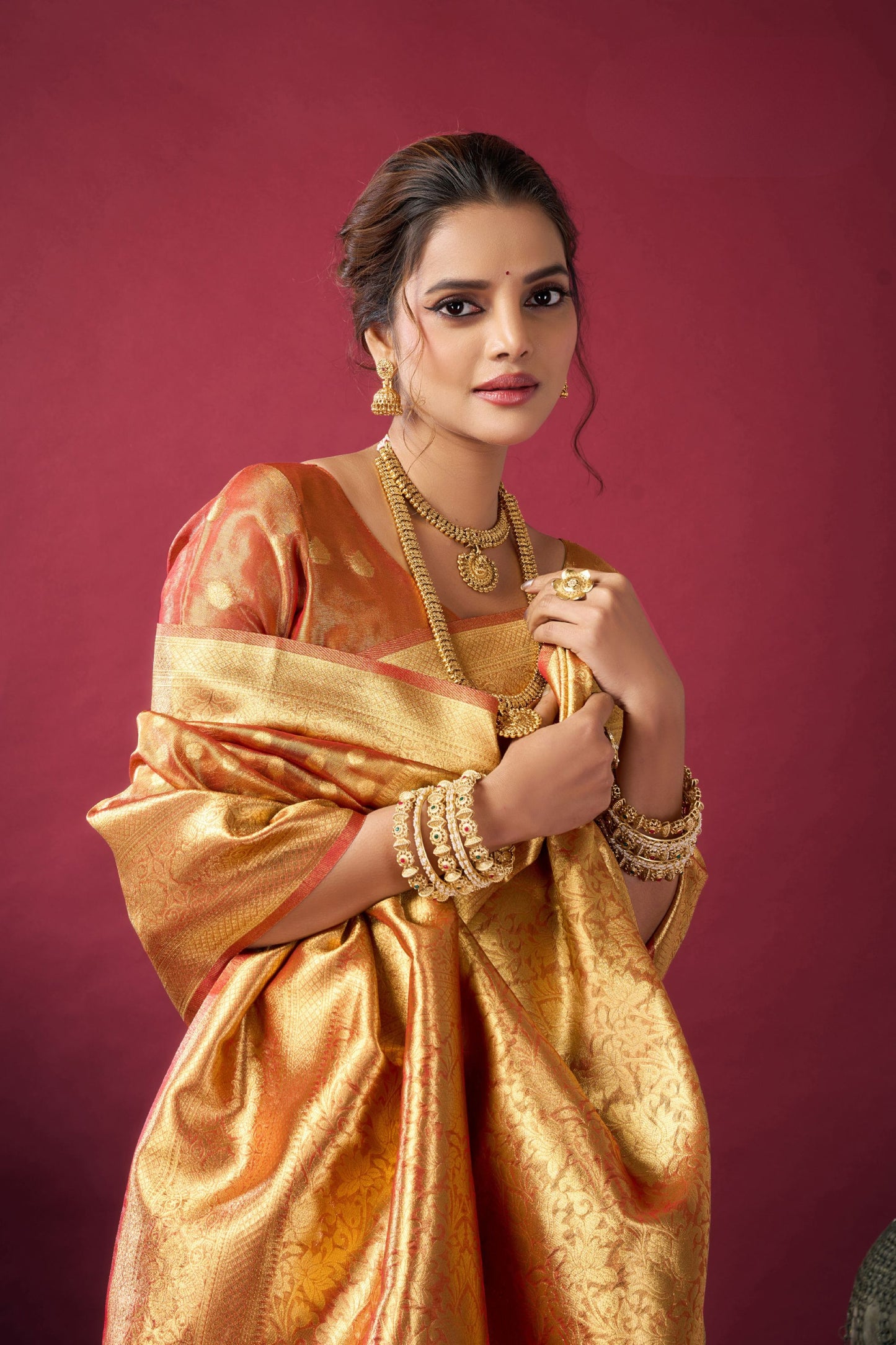 Peach Orange Banarasi Silk Saree Golden Zari Weaving Designer Blouse