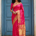 Elegant Rani Pink Silk Saree with Golden Zari Border Buti Design