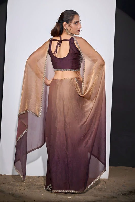 Wine Brown Copper Dual Tone Saree with Designer Border