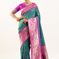 Teal Green Paithani Silk Saree with Pink Border Floral Zari Woven Pallu