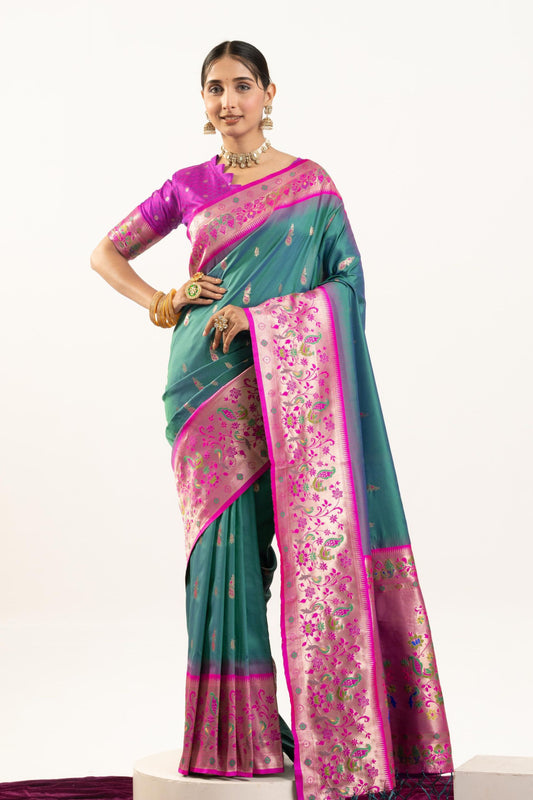Teal Green Paithani Silk Saree with Pink Border Floral Zari Woven Pallu