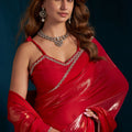 Red Satin Silk Saree with Gold Zari Border Designer Party Wear