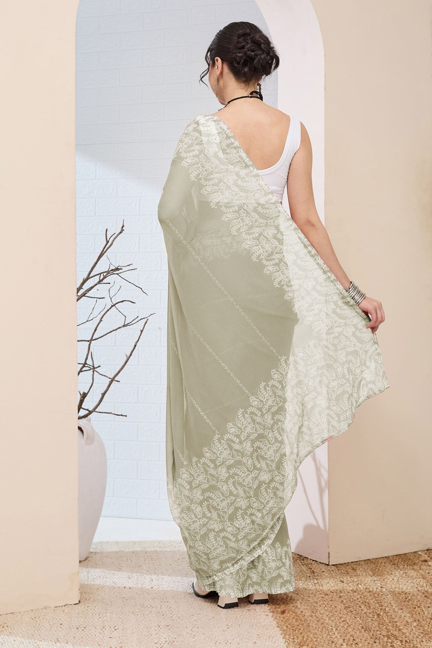 Elegant Sage Green Floral Printed Saree  Party Wear Saree