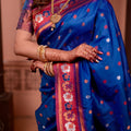 Royal Blue Paithani Silk Saree with Contrast Pink Zari Border
