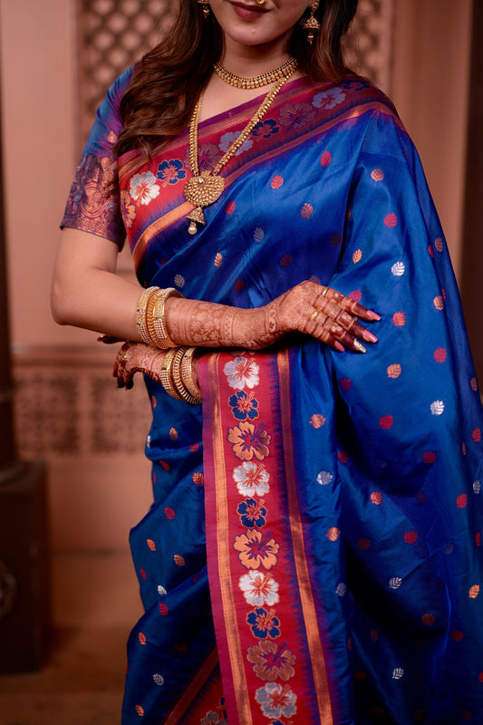 Royal Blue Paithani Silk Saree with Contrast Pink Zari Border