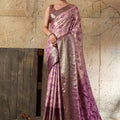 Pink Banarasi Silk Saree with Purple Zari Border Floral Weaving Saree