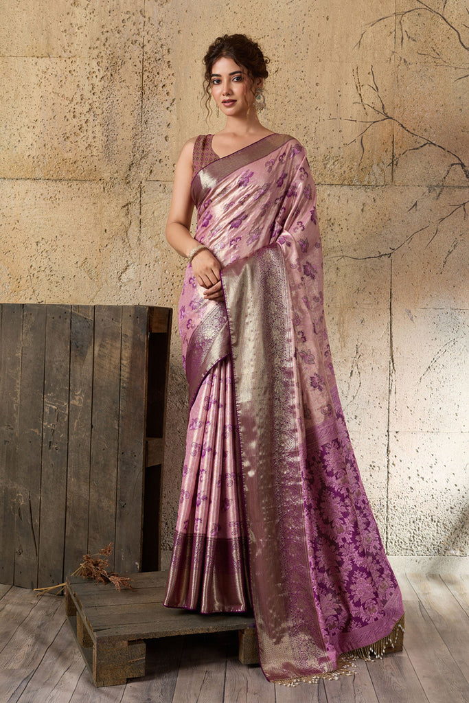 Pink Banarasi Silk Saree with Purple Zari Border Floral Weaving Saree