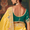 Mustard Yellow Silk Saree with Heavy Border and Green Contrast Blouse –