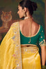 Mustard Yellow Silk Saree with Heavy Border and Green Contrast Blouse –