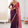 Purple Organza Silk Saree Designer Gold Lace Border Matching Blouse 