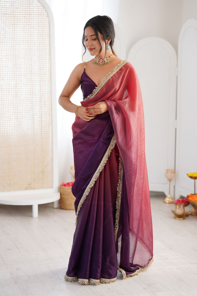 Purple Organza Silk Saree Designer Gold Lace Border Matching Blouse 